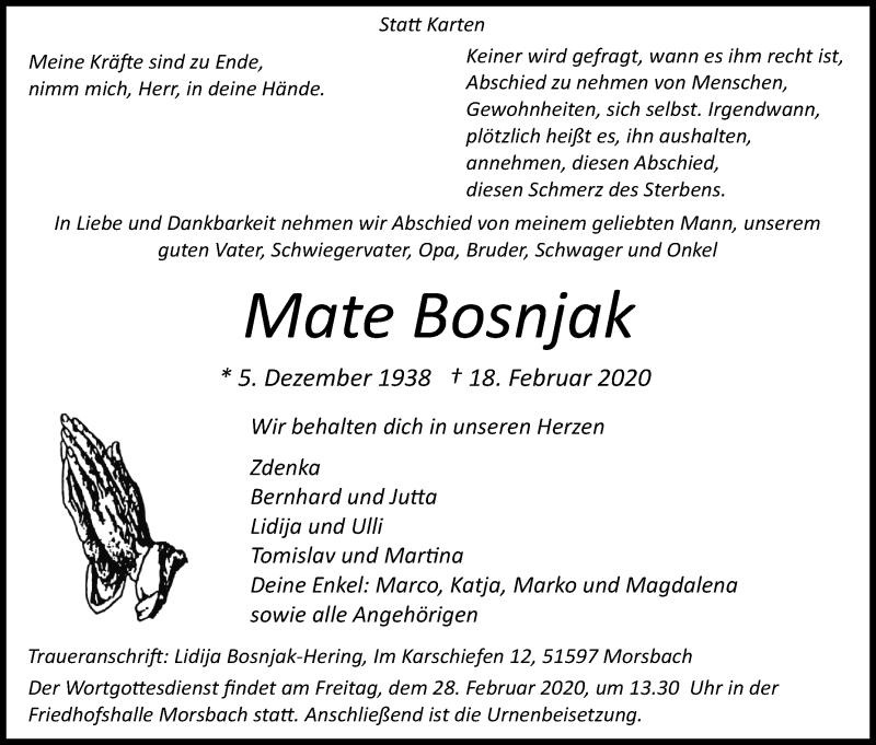  Traueranzeige für Mate Bosnjak vom 21.02.2020 aus Kölner Stadt-Anzeiger / Kölnische Rundschau / Express
