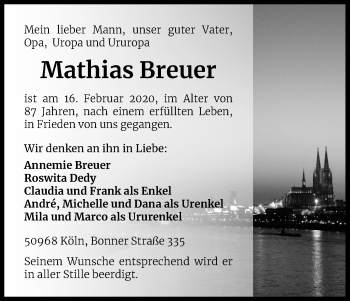 Anzeige von Mathias Breuer von Kölner Stadt-Anzeiger / Kölnische Rundschau / Express