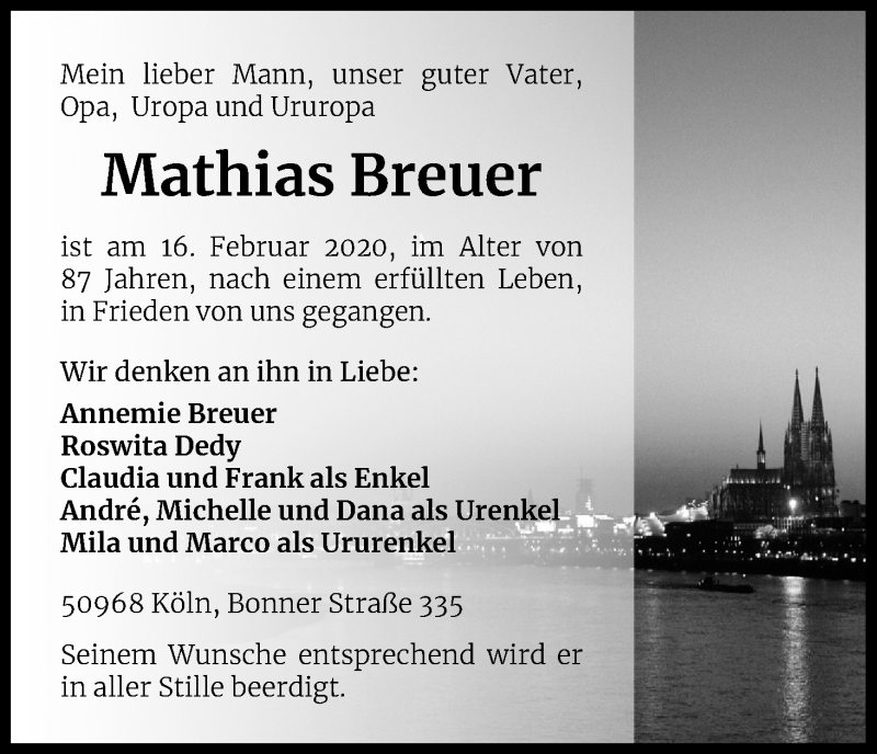  Traueranzeige für Mathias Breuer vom 29.02.2020 aus Kölner Stadt-Anzeiger / Kölnische Rundschau / Express