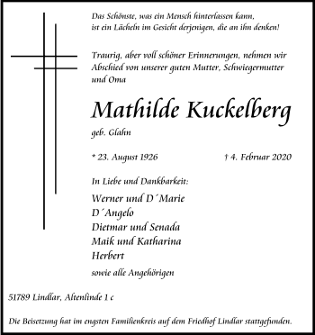 Anzeige von Mathilde Kuckelberg von Kölner Stadt-Anzeiger / Kölnische Rundschau / Express