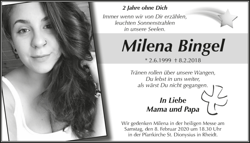  Traueranzeige für Milena Bingel vom 05.02.2020 aus  Extra Blatt 
