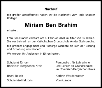Anzeige von Miriam Ben Brahim von Kölner Stadt-Anzeiger / Kölnische Rundschau / Express