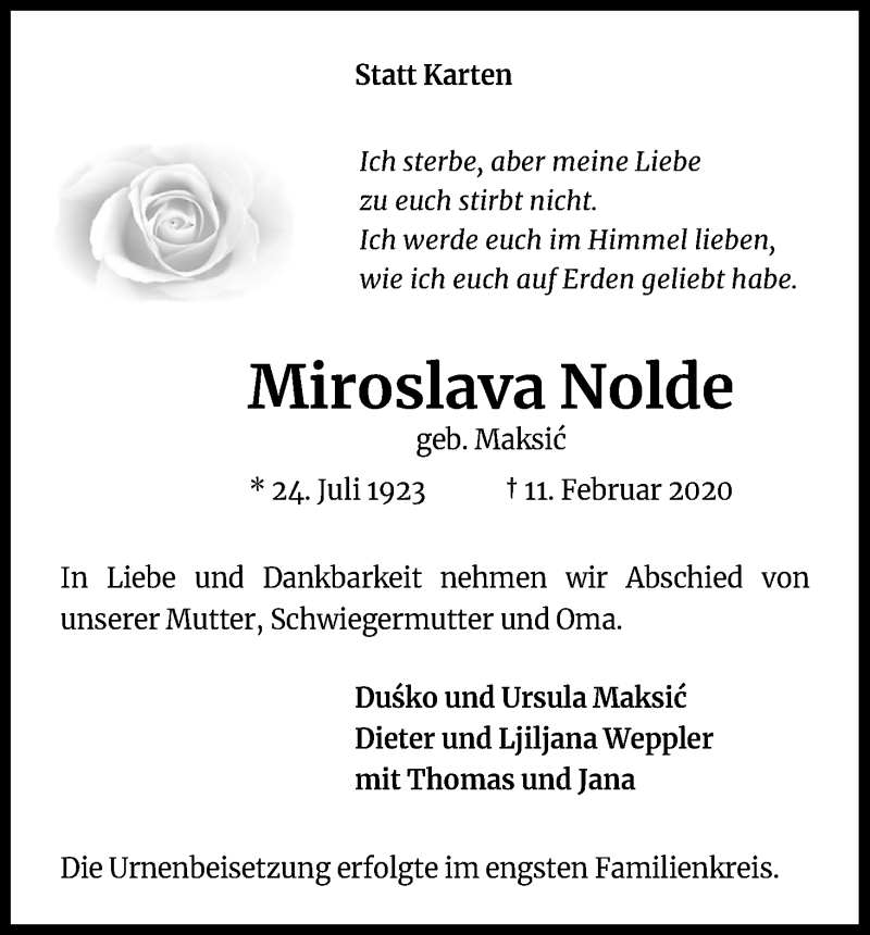  Traueranzeige für Miroslava Nolde vom 29.02.2020 aus Kölner Stadt-Anzeiger / Kölnische Rundschau / Express