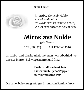 Anzeige von Miroslava Nolde von Kölner Stadt-Anzeiger / Kölnische Rundschau / Express