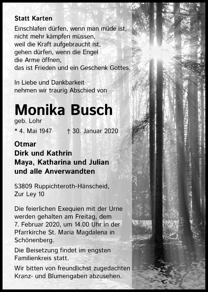  Traueranzeige für Monika Busch vom 04.02.2020 aus Kölner Stadt-Anzeiger / Kölnische Rundschau / Express