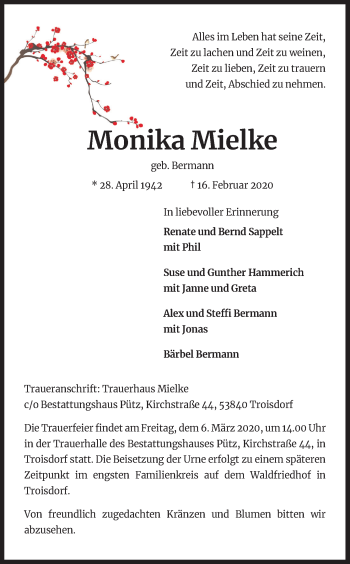 Anzeige von Monika Mielke von Kölner Stadt-Anzeiger / Kölnische Rundschau / Express