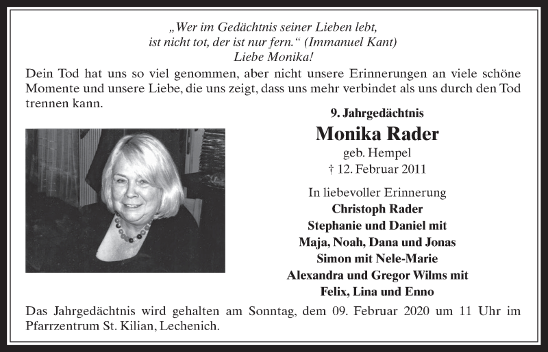  Traueranzeige für Monika Rader vom 05.02.2020 aus  Werbepost 
