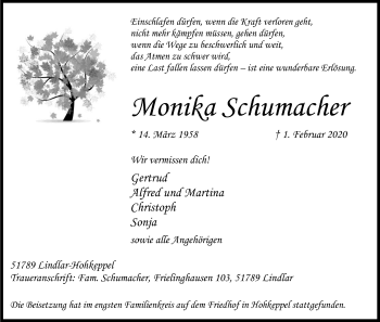 Anzeige von Monika Schumacher von Kölner Stadt-Anzeiger / Kölnische Rundschau / Express