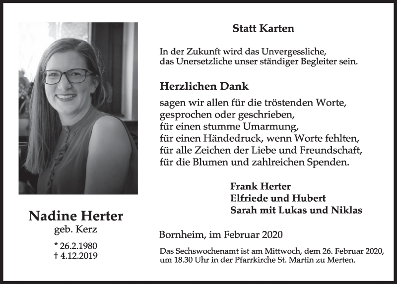  Traueranzeige für Nadine Herter vom 19.02.2020 aus  Schlossbote/Werbekurier 