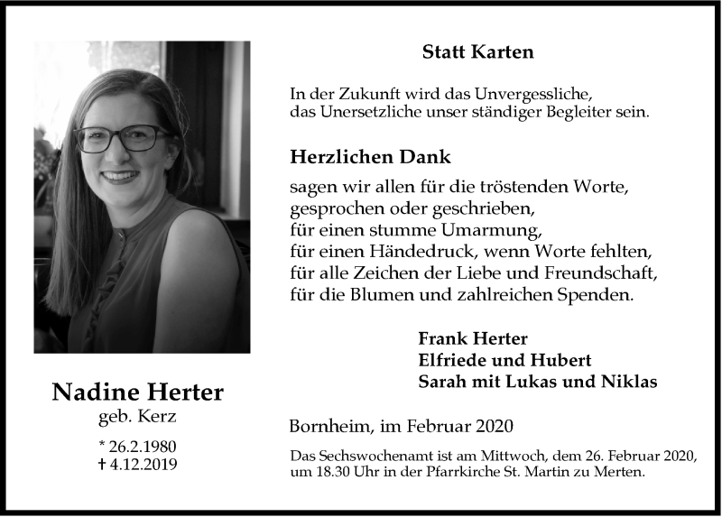  Traueranzeige für Nadine Herter vom 19.02.2020 aus  Schaufenster/Blickpunkt 