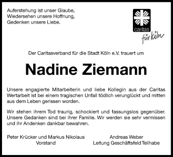 Anzeige von Nadine Ziemann von Kölner Stadt-Anzeiger / Kölnische Rundschau / Express
