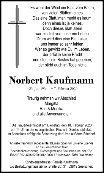 Anzeige von Norbert Kaufmann von Kölner Stadt-Anzeiger / Kölnische Rundschau / Express