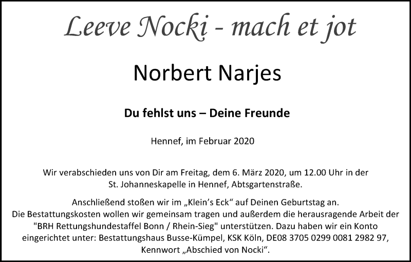  Traueranzeige für Norbert Narjes vom 15.02.2020 aus Kölner Stadt-Anzeiger / Kölnische Rundschau / Express