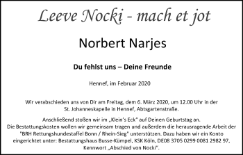 Anzeige von Norbert Narjes von Kölner Stadt-Anzeiger / Kölnische Rundschau / Express