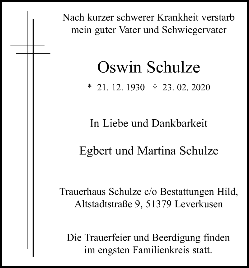  Traueranzeige für Oswin Schulze vom 29.02.2020 aus Kölner Stadt-Anzeiger / Kölnische Rundschau / Express