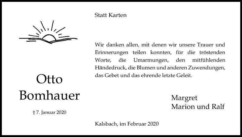  Traueranzeige für Otto Bomhauer vom 29.02.2020 aus Kölner Stadt-Anzeiger / Kölnische Rundschau / Express