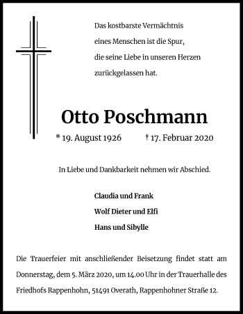 Anzeige von Otto Poschmann von Kölner Stadt-Anzeiger / Kölnische Rundschau / Express