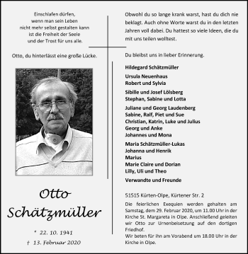 Anzeige von Otto Schätzmüller von Kölner Stadt-Anzeiger / Kölnische Rundschau / Express