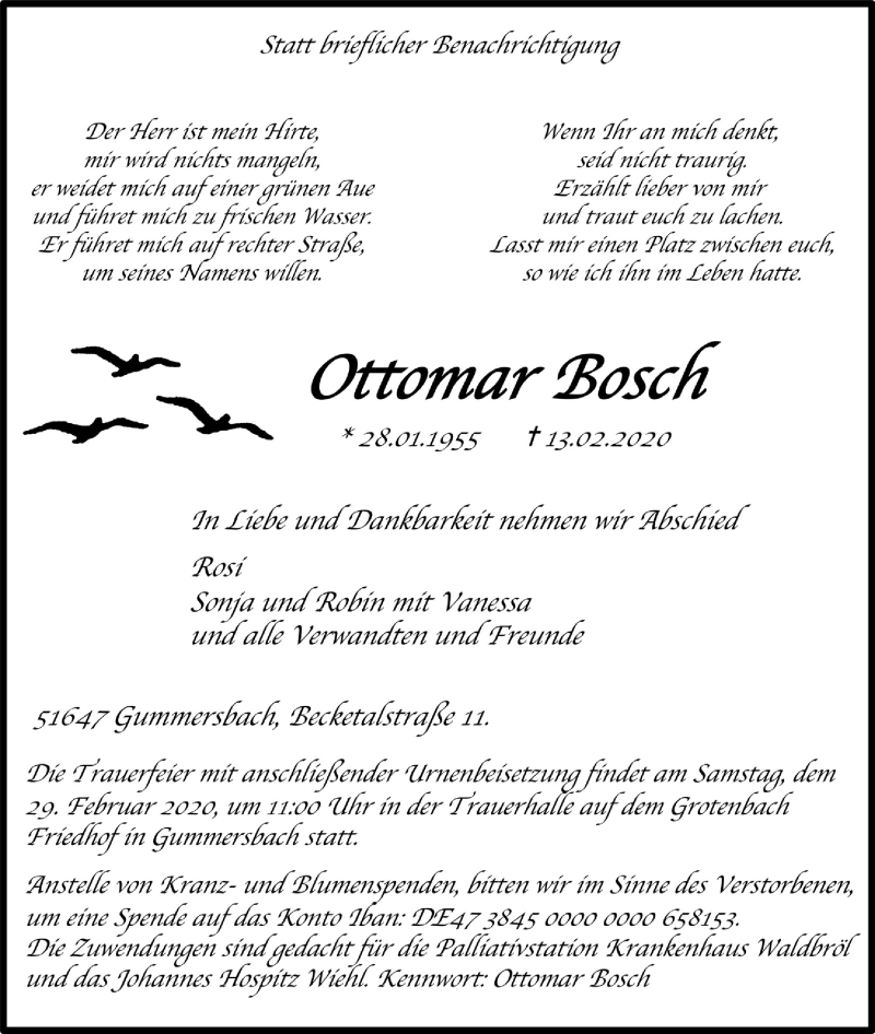  Traueranzeige für Ottomar Bosch vom 19.02.2020 aus  Anzeigen Echo 