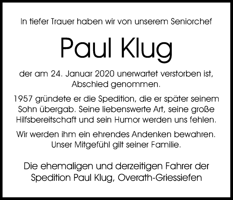  Traueranzeige für Paul Klug vom 15.02.2020 aus Kölner Stadt-Anzeiger / Kölnische Rundschau / Express