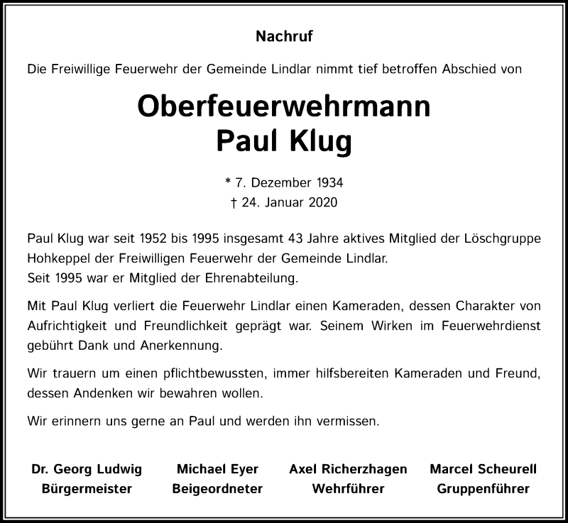  Traueranzeige für Paul Klug vom 04.02.2020 aus Kölner Stadt-Anzeiger / Kölnische Rundschau / Express