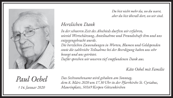 Anzeige von Paul Oebel von  Sonntags-Post 