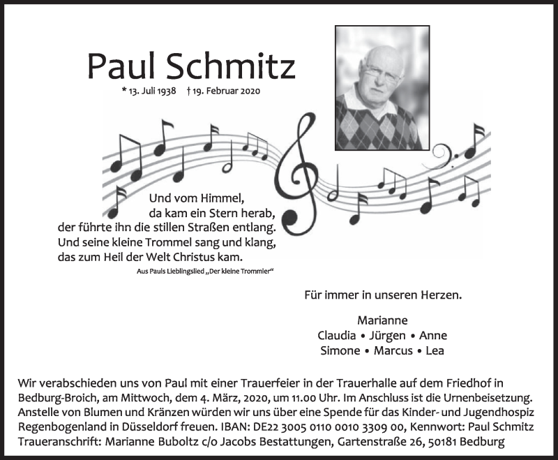  Traueranzeige für Paul Schmitz vom 29.02.2020 aus  Sonntags-Post 