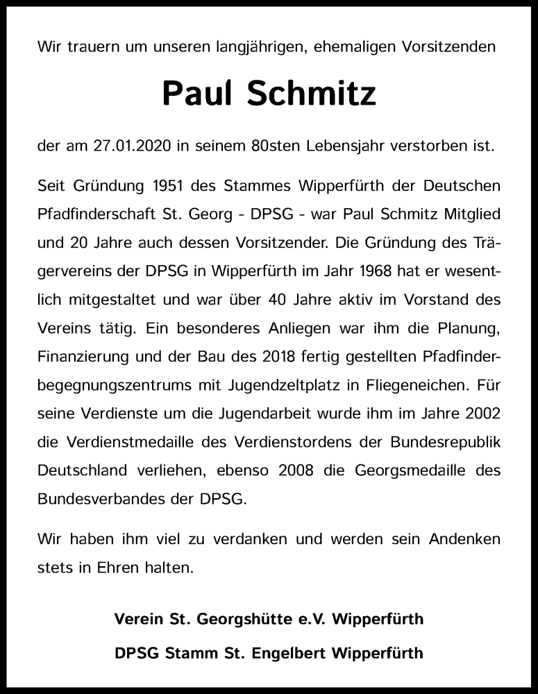  Traueranzeige für Paul Schmitz vom 15.02.2020 aus Kölner Stadt-Anzeiger / Kölnische Rundschau / Express