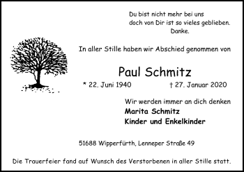 Anzeige von Paul Schmitz von Kölner Stadt-Anzeiger / Kölnische Rundschau / Express