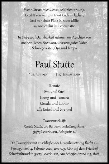Anzeige von Paul Stutte von Kölner Stadt-Anzeiger / Kölnische Rundschau / Express