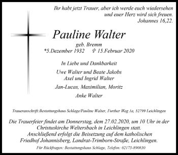 Anzeige von Pauline Walter von  Kölner Wochenspiegel 