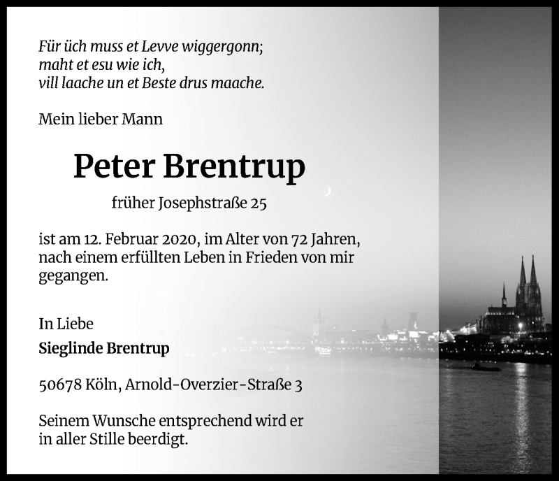  Traueranzeige für Peter Brentrup vom 15.02.2020 aus Kölner Stadt-Anzeiger / Kölnische Rundschau / Express