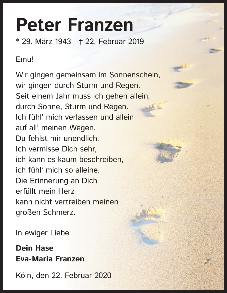  Traueranzeige für Peter Franzen vom 22.02.2020 aus Kölner Stadt-Anzeiger / Kölnische Rundschau / Express