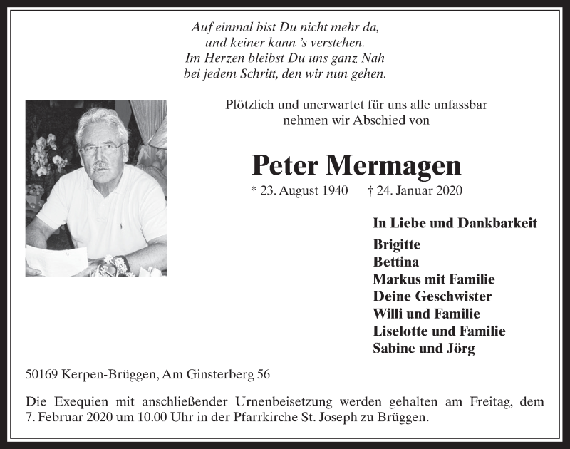  Traueranzeige für Peter Mermagen vom 05.02.2020 aus  Werbepost 