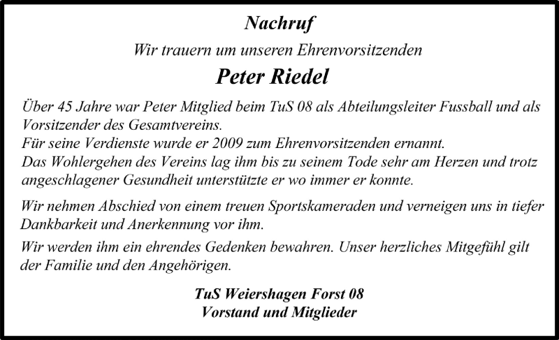  Traueranzeige für Peter Riedel vom 19.02.2020 aus  Anzeigen Echo 