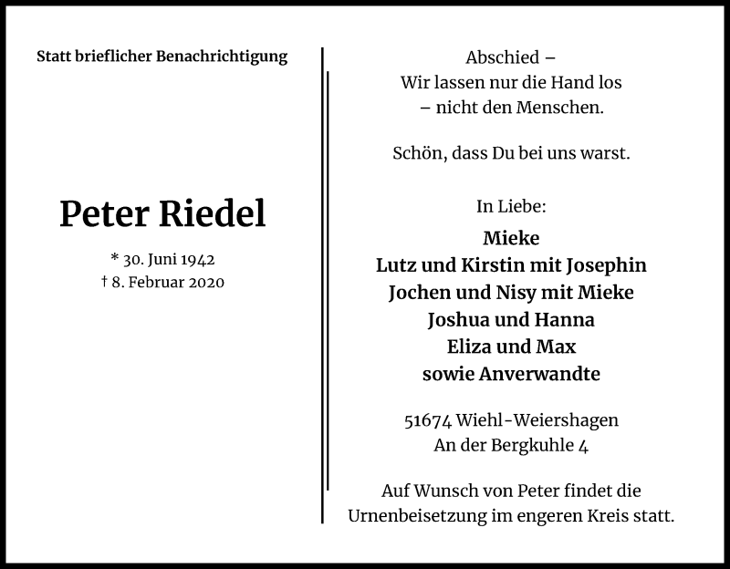  Traueranzeige für Peter Riedel vom 12.02.2020 aus Kölner Stadt-Anzeiger / Kölnische Rundschau / Express