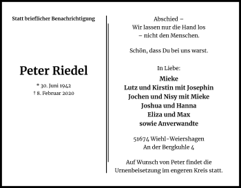 Anzeige von Peter Riedel von Kölner Stadt-Anzeiger / Kölnische Rundschau / Express