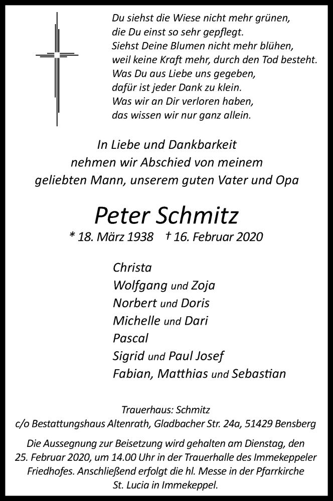  Traueranzeige für Peter Schmitz vom 19.02.2020 aus Kölner Stadt-Anzeiger / Kölnische Rundschau / Express