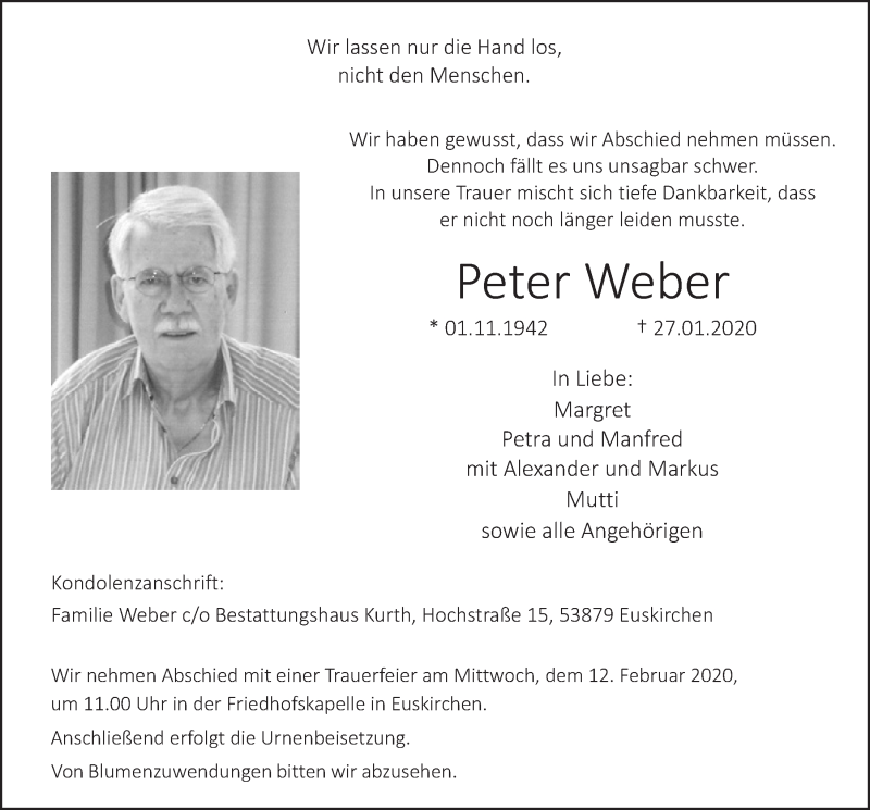  Traueranzeige für Peter Weber vom 08.02.2020 aus  Blickpunkt Euskirchen 