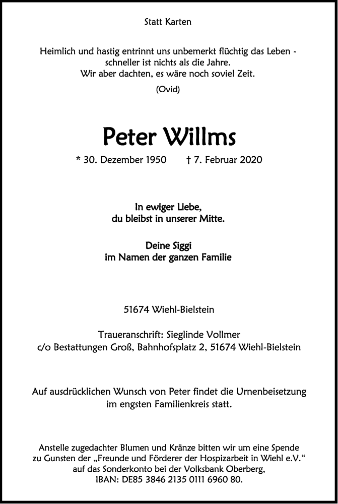  Traueranzeige für Peter Willms vom 11.02.2020 aus Kölner Stadt-Anzeiger / Kölnische Rundschau / Express