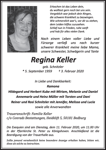 Anzeige von Regina Keller von  Sonntags-Post 