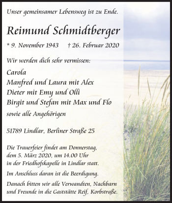 Anzeige von Reimund Schmidtberger von Kölner Stadt-Anzeiger / Kölnische Rundschau / Express