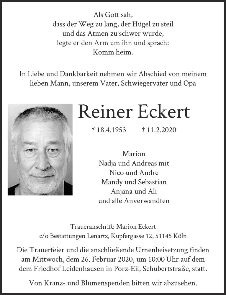  Traueranzeige für Reiner Eckert vom 19.02.2020 aus  Kölner Wochenspiegel 