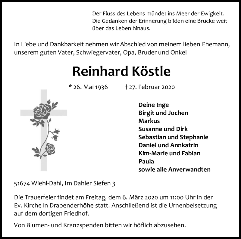  Traueranzeige für Reinhard Köstle vom 29.02.2020 aus Kölner Stadt-Anzeiger / Kölnische Rundschau / Express