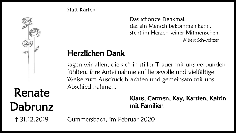  Traueranzeige für Renate Dabrunz vom 15.02.2020 aus Kölner Stadt-Anzeiger / Kölnische Rundschau / Express