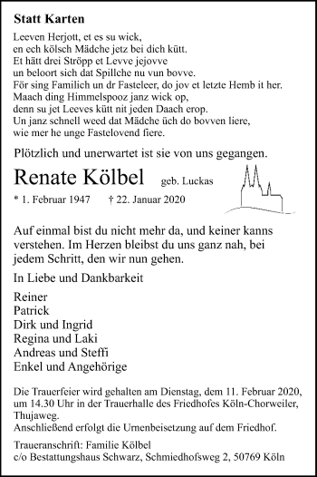 Anzeige von Renate Kölbel von Kölner Stadt-Anzeiger / Kölnische Rundschau / Express