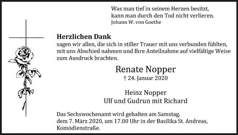  Traueranzeige für Renate Nopper vom 29.02.2020 aus Kölner Stadt-Anzeiger / Kölnische Rundschau / Express