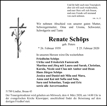 Anzeige von Renate Schöps von Kölner Stadt-Anzeiger / Kölnische Rundschau / Express