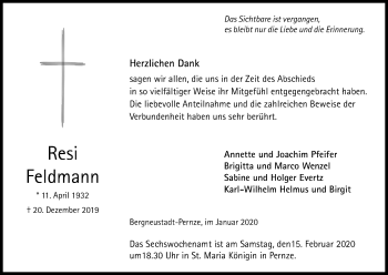 Anzeige von Resi Feldmann von Kölner Stadt-Anzeiger / Kölnische Rundschau / Express