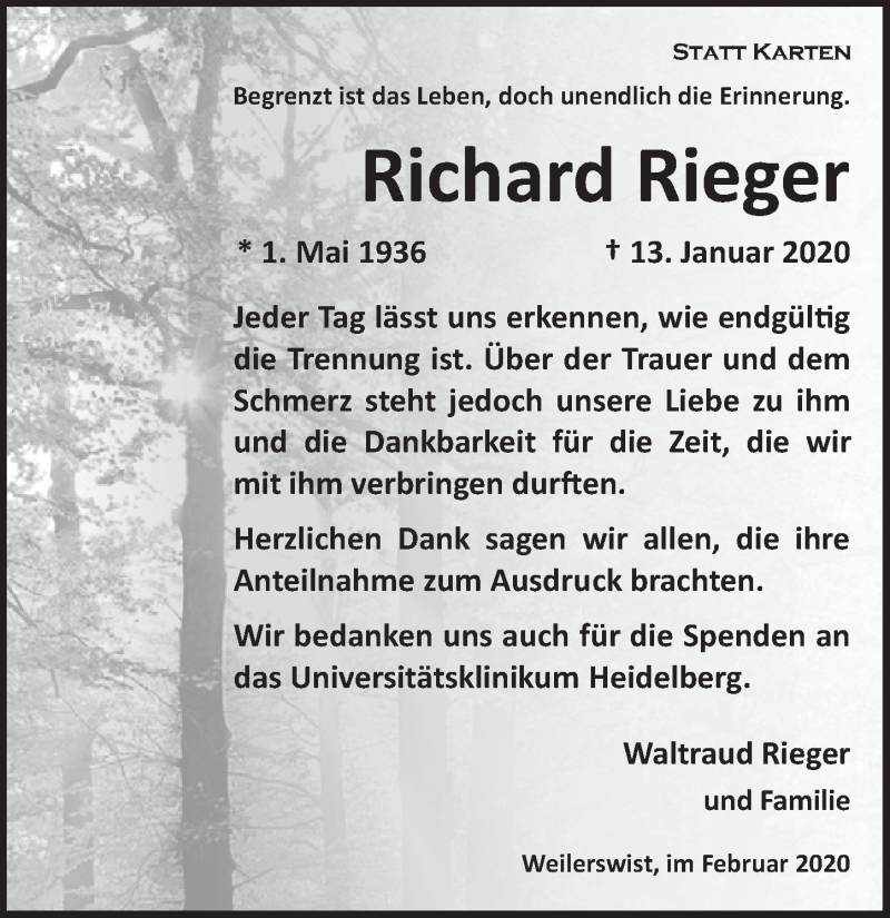  Traueranzeige für Richard Rieger vom 29.02.2020 aus  Blickpunkt Euskirchen 